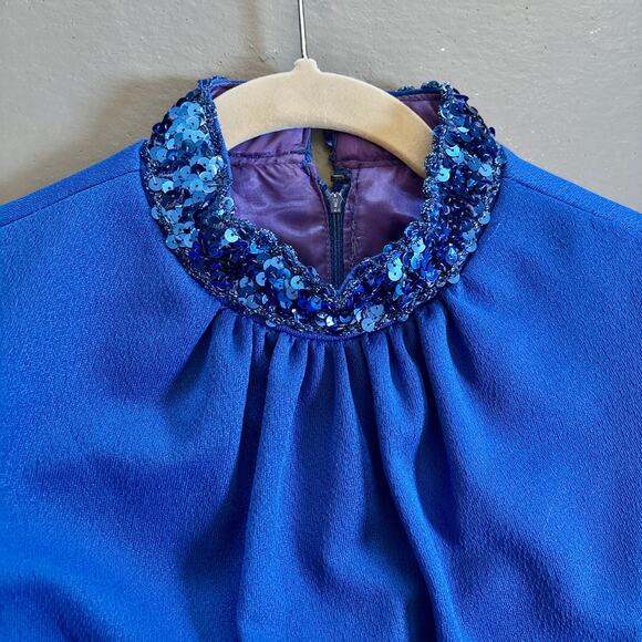Vintage 70s Blue Maxi Dress Fitted Sleeveless Gown Dress Small Sequin Trim - Picture 4 of 11